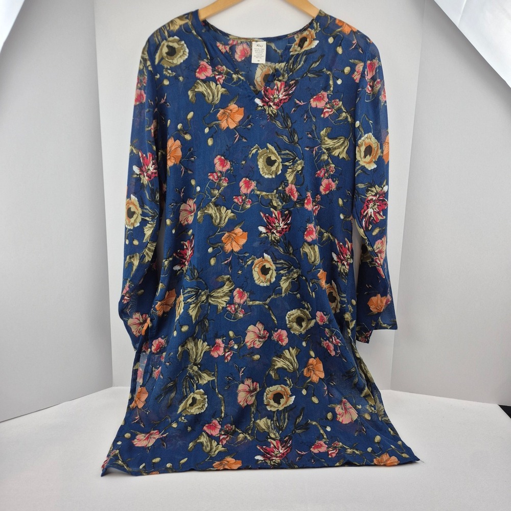 Raj Womens Blue Floral Long Sleeve V-Neck Tunic Top Size M Boho‎ Botanical Print